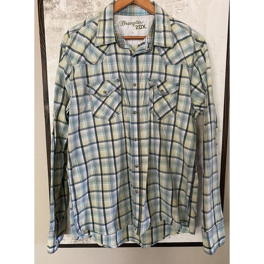 Wrangler‎ 20X Shirt Mens XL L/S Green Plaid Pearl Snap  Western Cowboy Rodeo